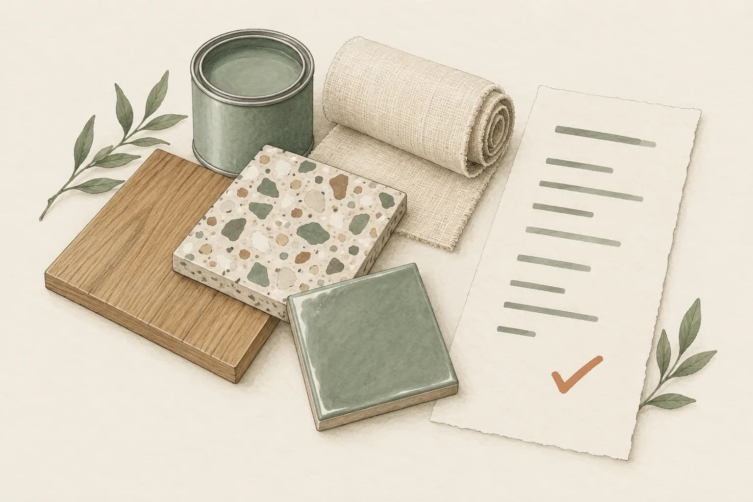Tranh vẽ các mẫu vật liệu: tấm gỗ, gạch terrazzo, hộp sơn, cuộn vải, gạch men, bên cạnh một tờ danh sách có dấu tích