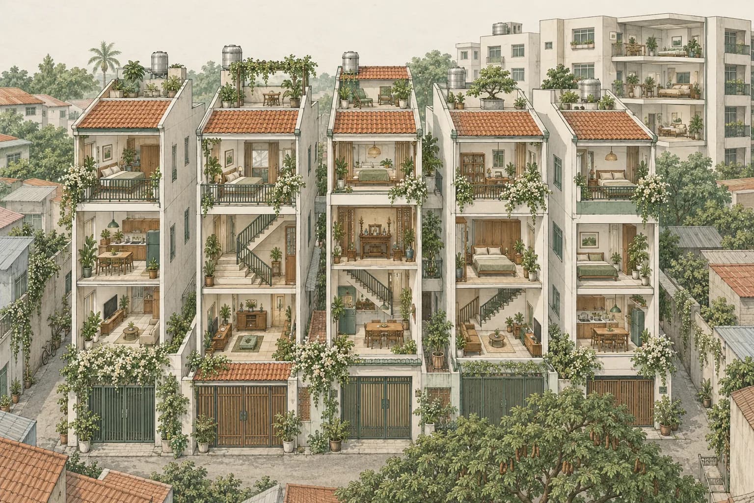 Tranh vẽ một dãy nhà phố Việt Nam được cắt mặt tiền, thấy phòng khách, bếp, phòng ngủ và phòng thờ ở từng tầng